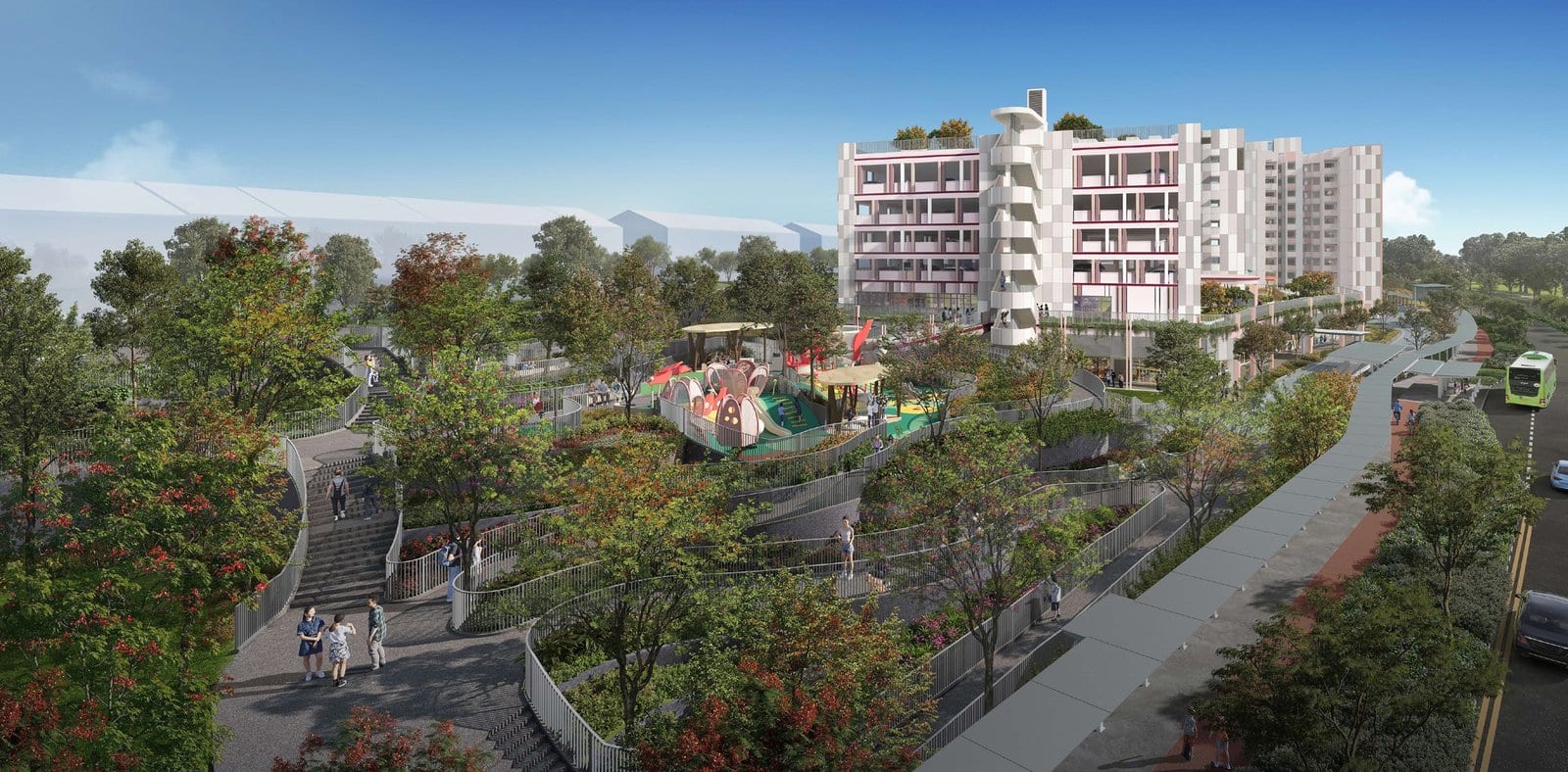 HDB's artist's impression of Simei Symphony: an elevated park walkway, with the blocks in the background.