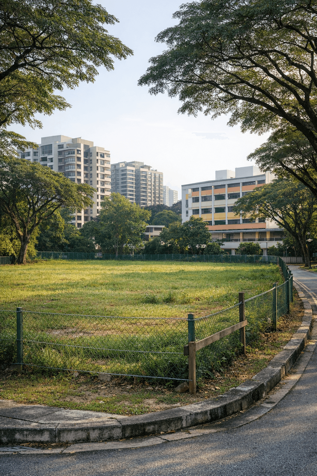 A small vacant grassy site beside a quiet road in a leafy Thomson-Bishan neighbourhood, with mid-rise condominiums behind