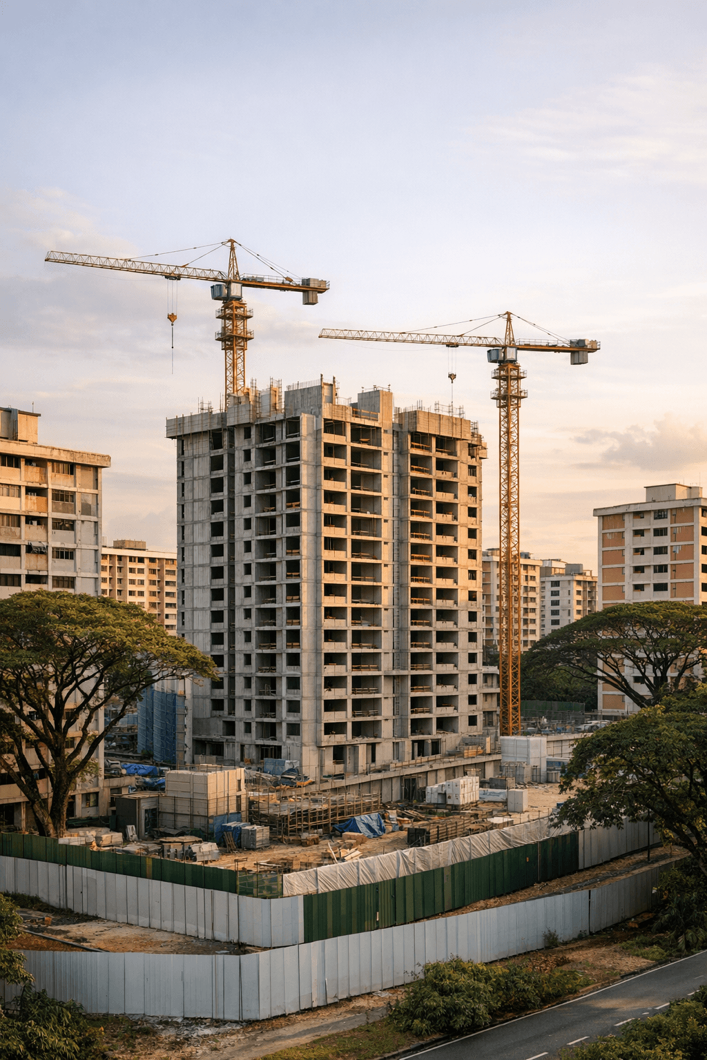 An HDB construction site with tower cranes rising beside older HDB blocks in a mature Singapore estate