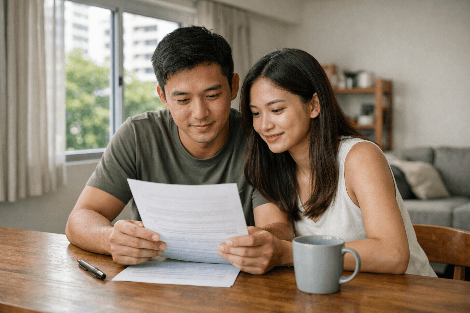 A couple reading a tenancy agreement at a table in a sunlit HDB flat living room.