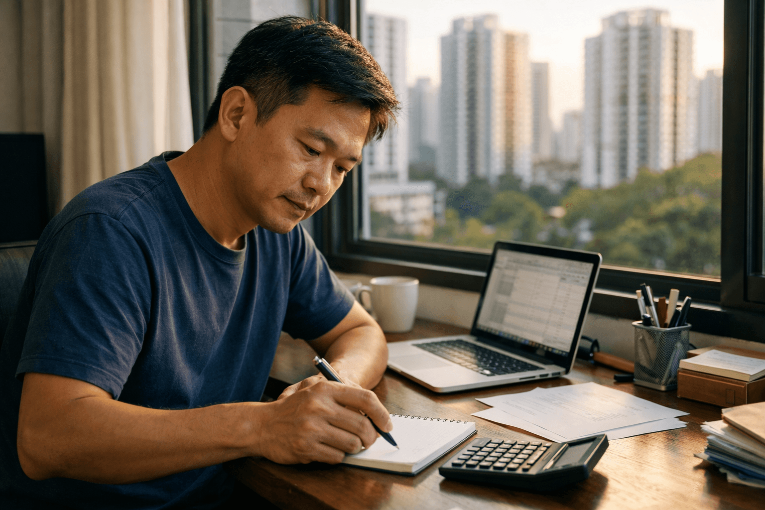 A man working through figures on a laptop and calculator at home, with condominium towers outside the window.