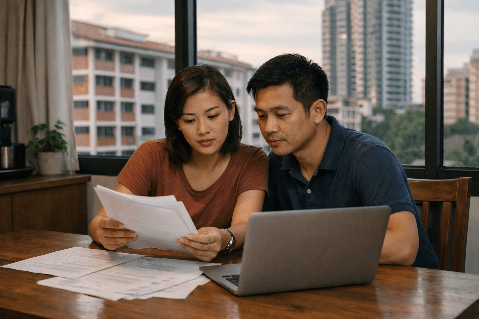 A couple reviewing property documents at a dining table, with HDB blocks and a condominium outside the window.
