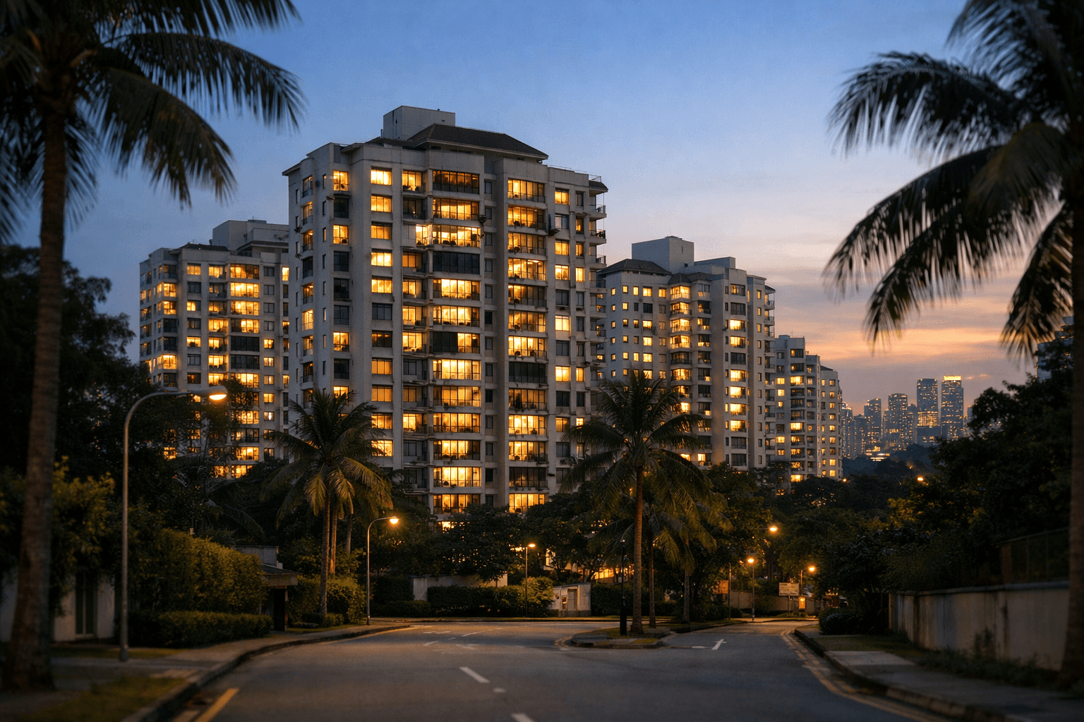 Condominium blocks in Singapore at dusk with lit windows, representing the private rental market.