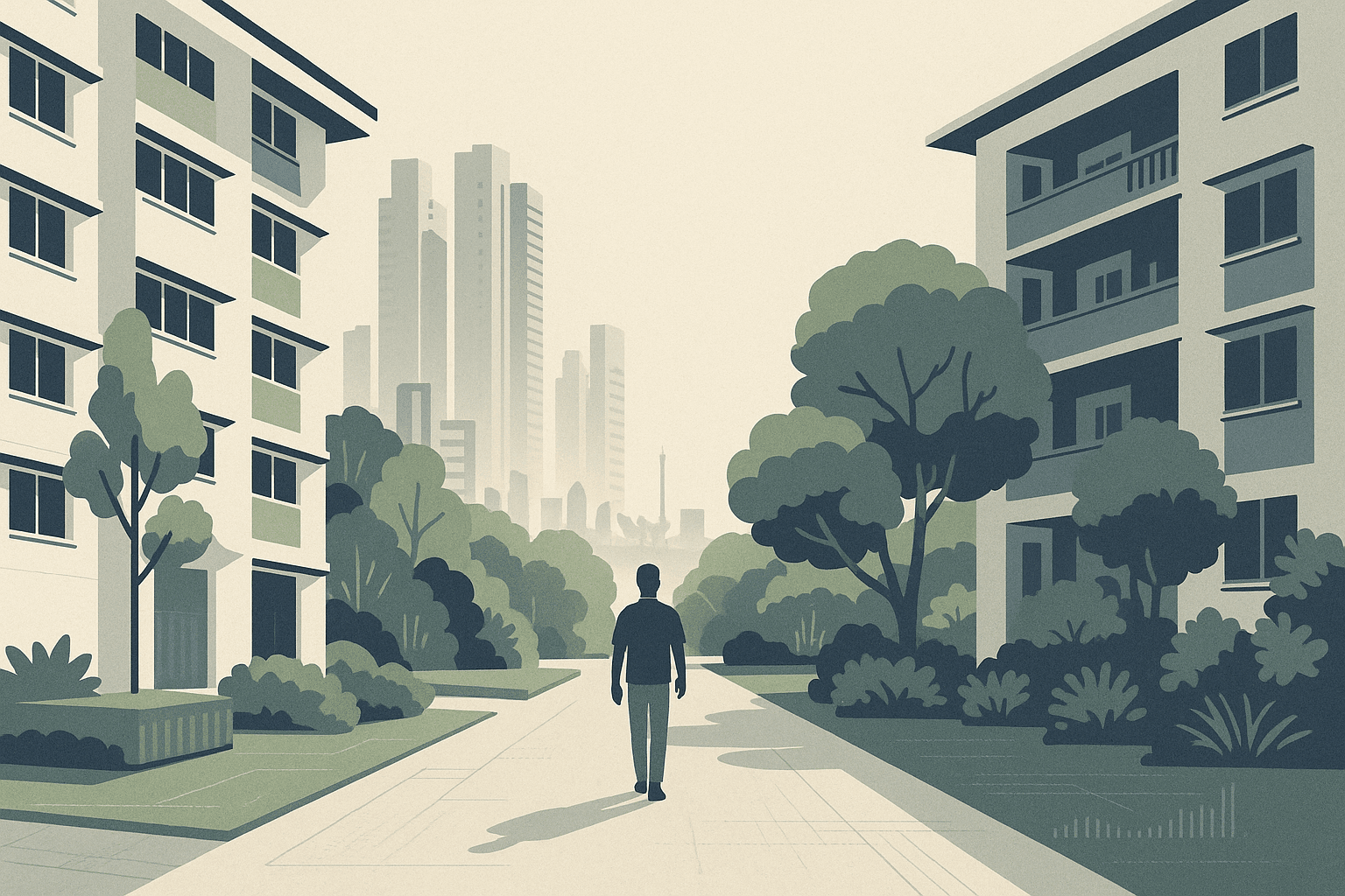 A calm Singapore neighborhood scene with one person on a landscaped path between a newer HDB block and a mature resale estate, with condo towers, tropical greenery, and a faint city skyline in the distance.