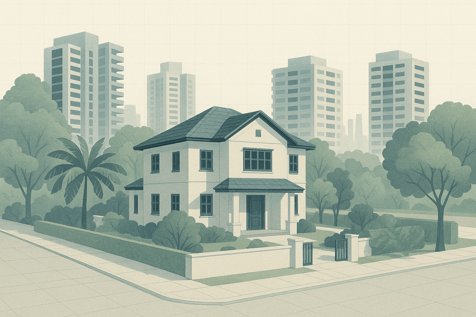 Editorial illustration of a Singapore landed house in the foreground with condo towers, HDB blocks, and tropical greenery in a calm, research-style city scene.