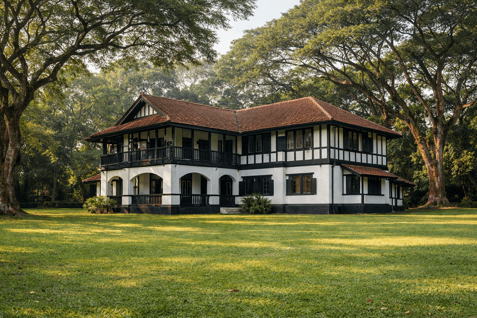 A two-storey colonial black-and-white bungalow with dark timber beams and white walls, set in a large lawn under mature rain trees in Singapore.