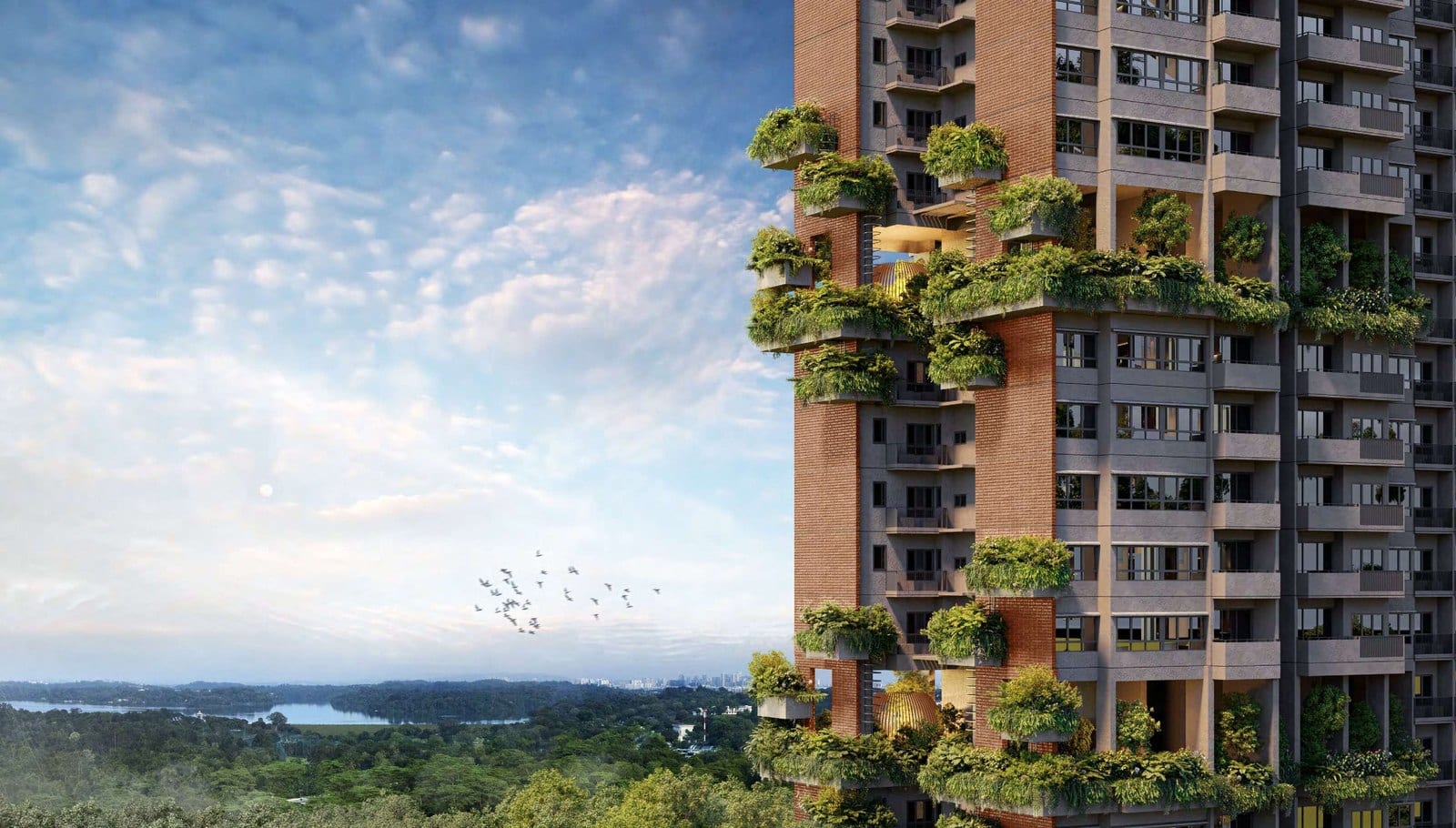 Artist's impression of Springleaf Residence's brick-toned tower facade with lush cascading greenery on its balconies, overlooking forest and a reservoir under a golden-hour sky.