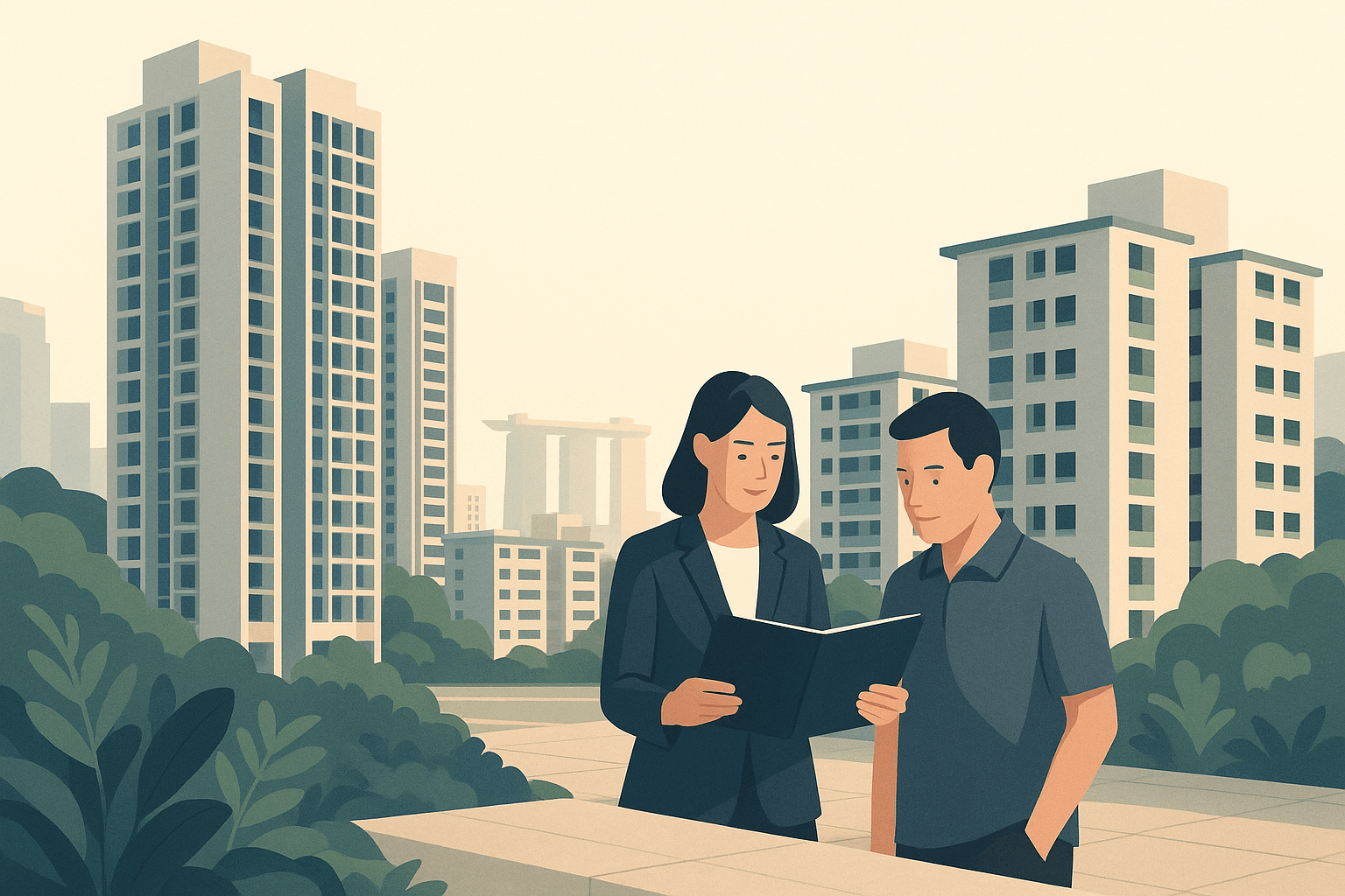 Illustrated Singapore residential skyline with condo towers and HDB blocks as a property agent and homeowner review sale documents in shifting light