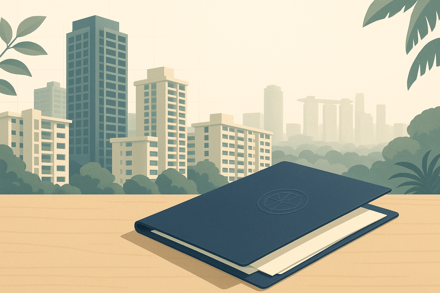 A plain legal folio resting on a desk in front of Singapore condominium towers and HDB blocks, with soft geometric details, tropical greenery, and a calm research-style editorial look.