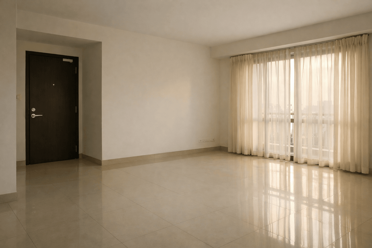 An empty, sunlit living room in a Singapore apartment with bare walls and a closed front door.