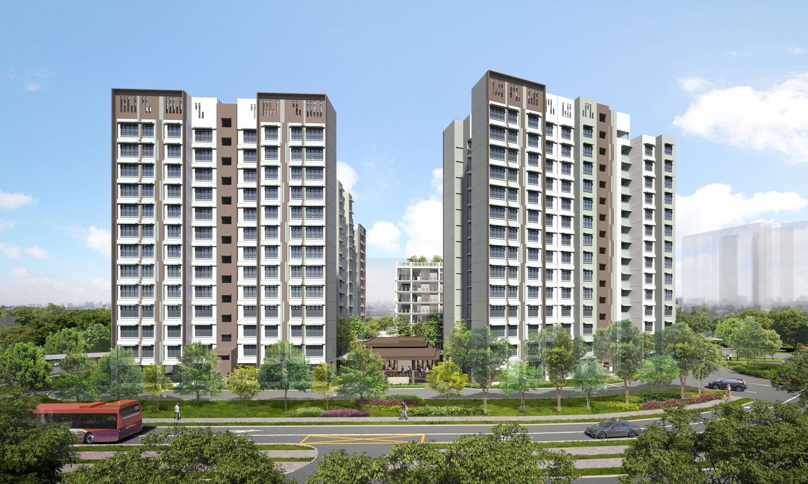 HDB's artist's impression of Tampines Nova: white blocks behind a landscaped roadside.