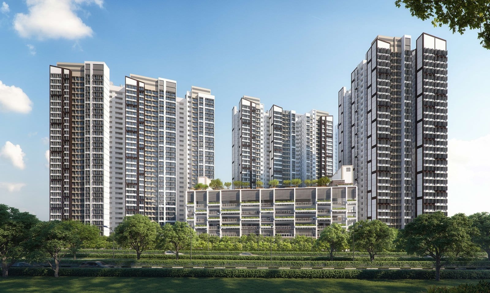 HDB's artist's impression of Tanjong Rhu Parc Front: the blocks and a car park seen across greenery.