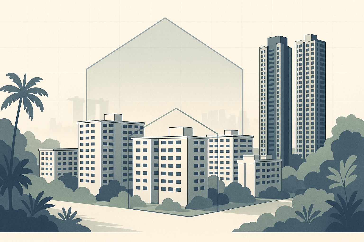 Editorial illustration of a Singapore neighbourhood with condominium towers, HDB blocks, tropical greenery, and subtle layered geometric outlines highlighting the difference between a wider and narrower financing boundary.