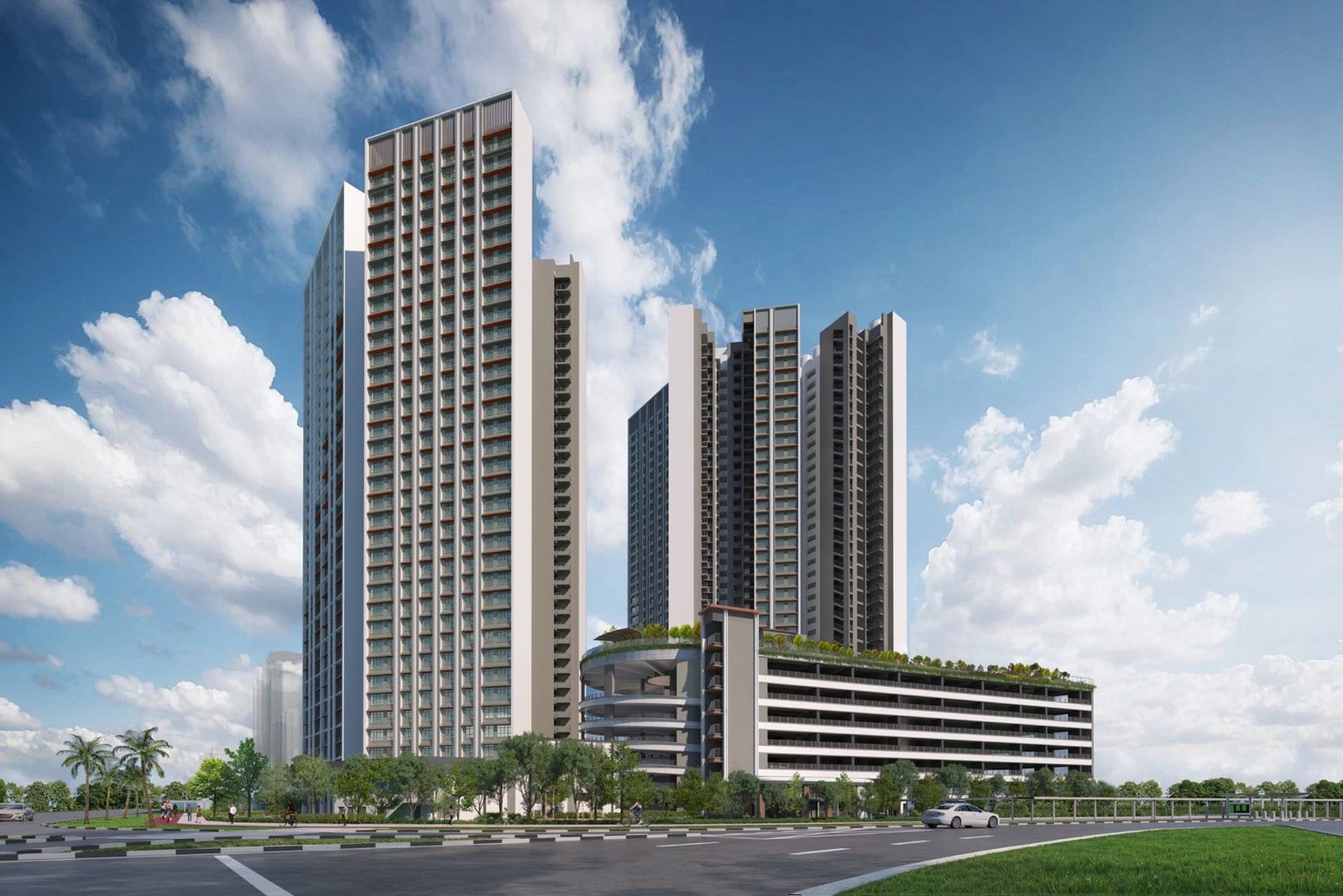 HDB's artist's impression of Teban Heights: a tall block and its car park under a blue sky.