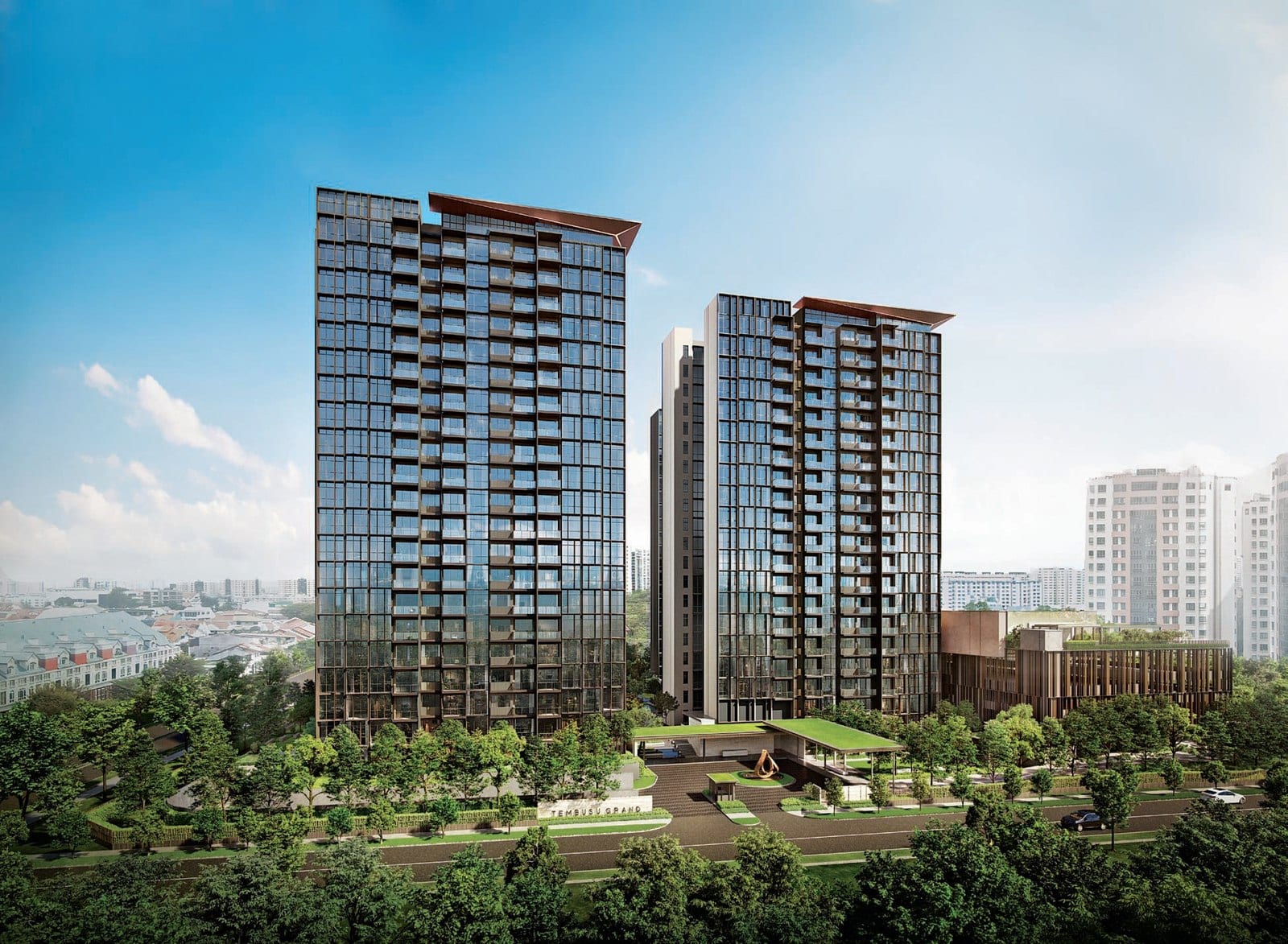 Render of the completed Tembusu Grand twin residential towers with their bronze crowns above the landscaped arrival court, in Tanjong Katong, District 15.