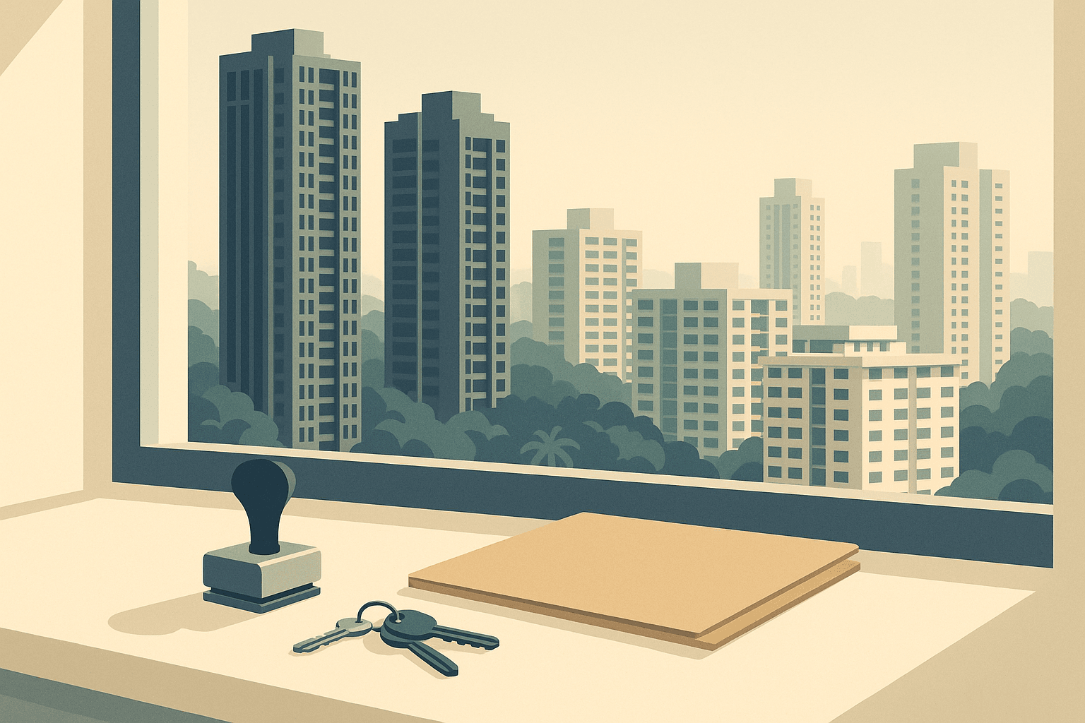 Illustrated Singapore residential skyline with condo towers and HDB blocks seen from a calm interior, with a metal stamp, keys, and a plain folder on a table in the foreground.