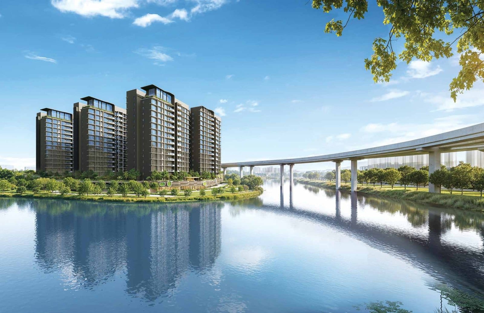 Tengah Garden Residences' towers reflected in the water with the Jurong Region Line viaduct, Tengah (District 24).