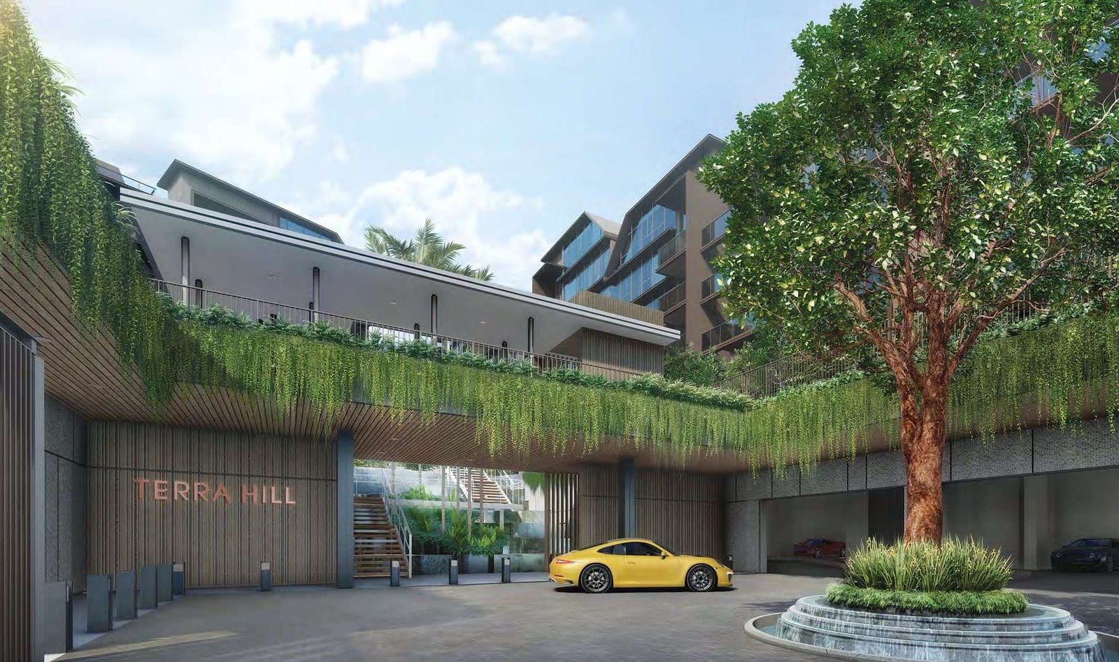 Render of the Terra Hill arrival court, with cascading vertical gardens over the entrance, a landscaped water feature and the freehold development's low-rise blocks behind, in Pasir Panjang, District 5.