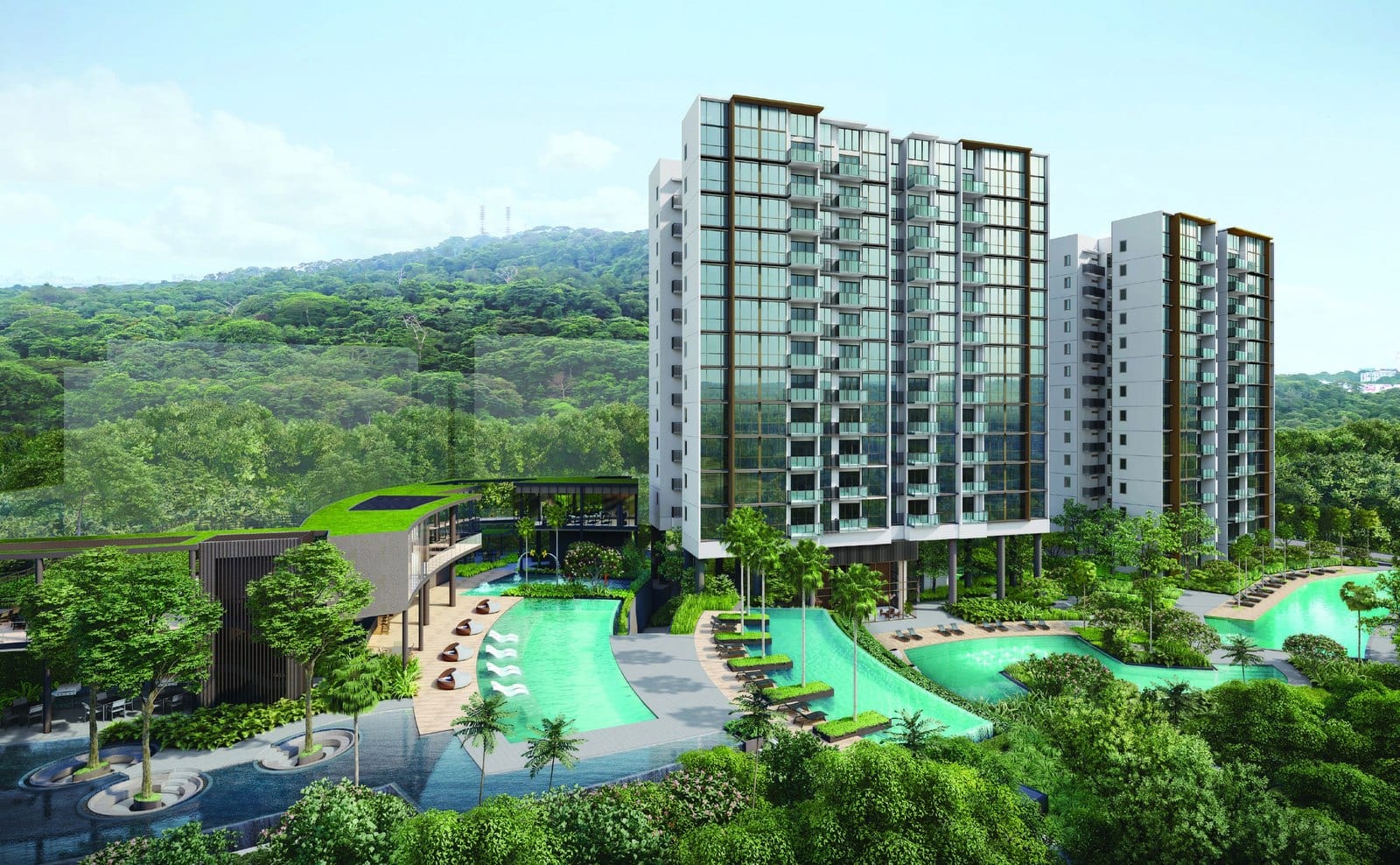 The Botany at Dairy Farm's low-rise blocks and pool set against the Bukit Timah nature belt, District 23.