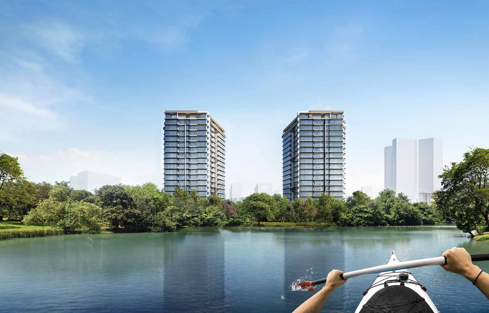 Twin residential towers overlooking Jurong Lake and the greenery of Jurong Lake Gardens in District 22, the waterfront setting of The Lakegarden Residences.