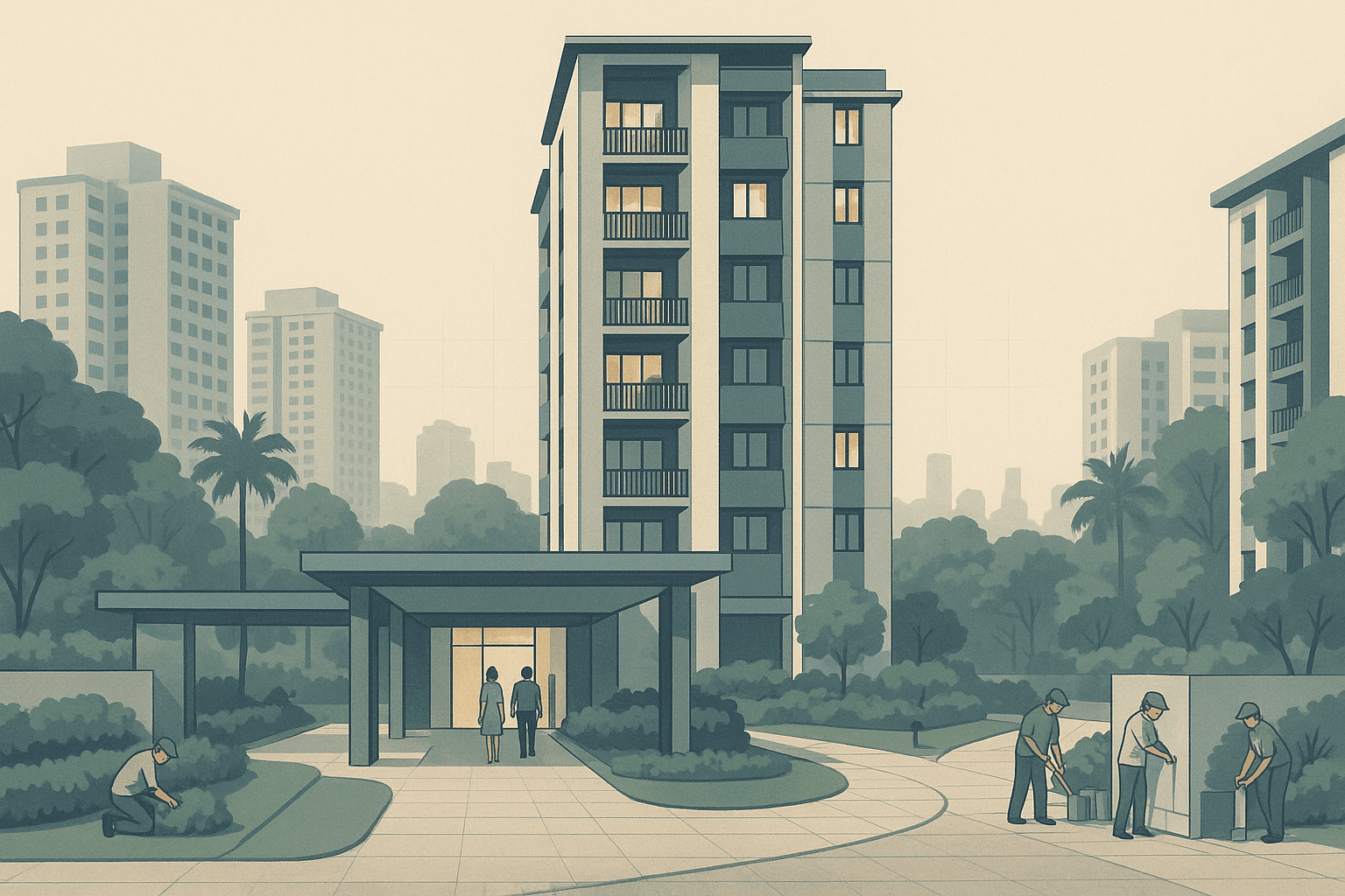 Editorial illustration of a newly built Singapore condominium with residents beginning to use the entrance and landscaped grounds while subtle finishing work continues, with HDB blocks and a faint city skyline in the background.