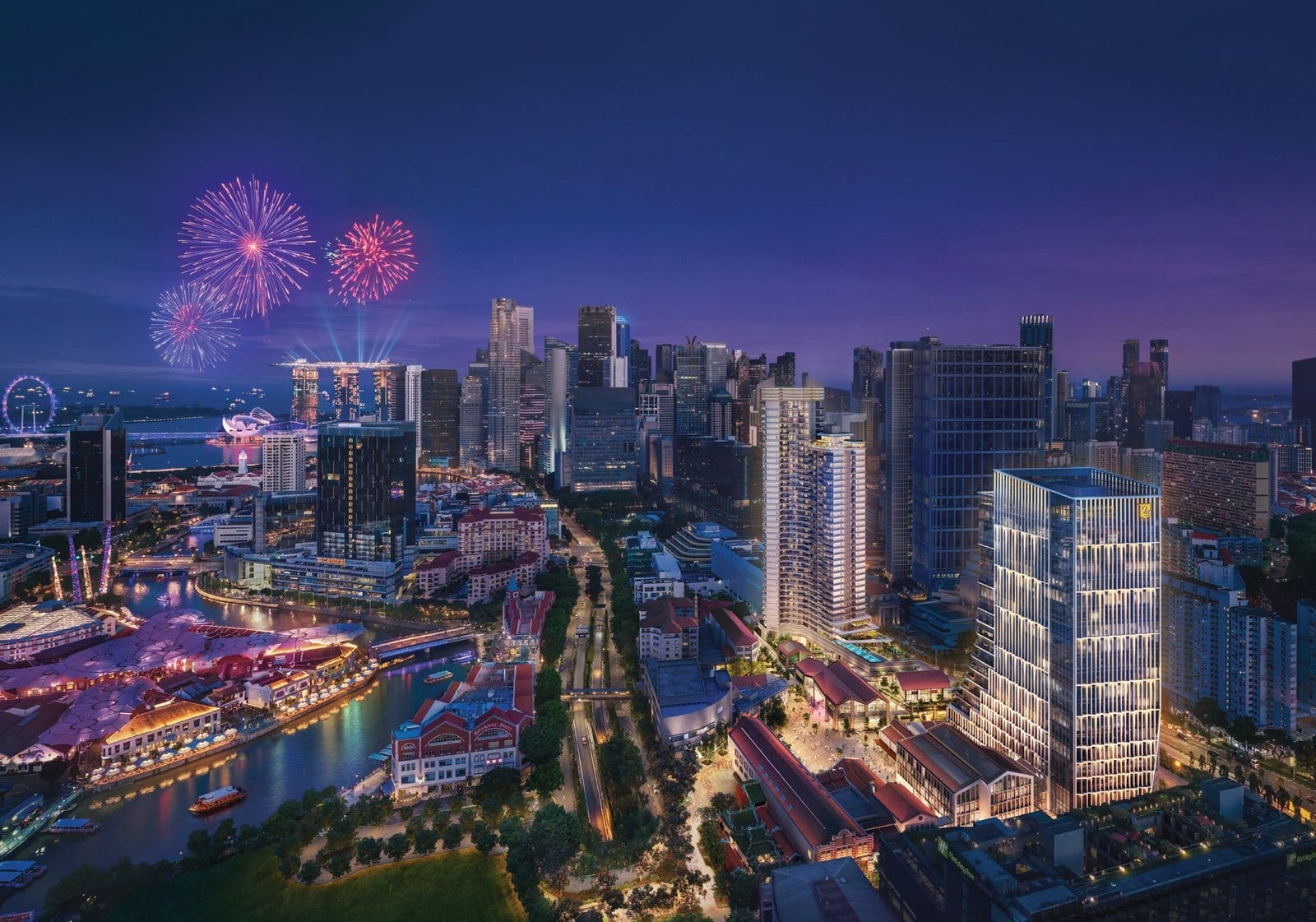 Night aerial render of Union Square Residences beside the Singapore River at Clarke Quay, with fireworks over the Marina Bay and CBD skyline, in District 1.