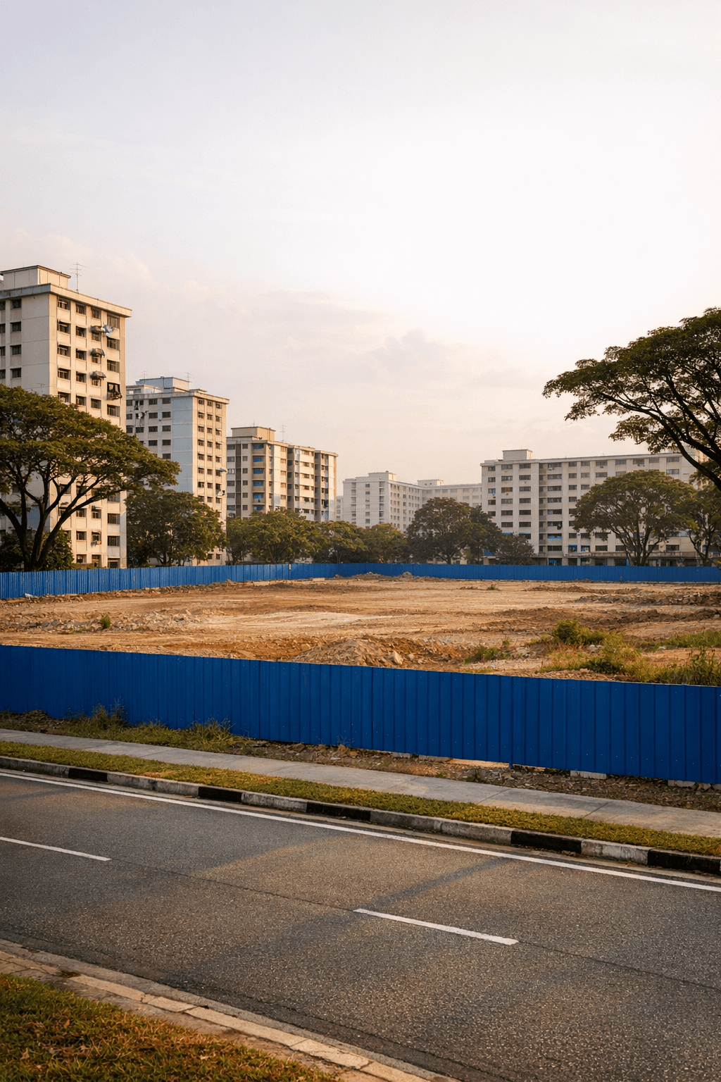An empty cleared state land site behind hoarding in a mature Singapore HDB town, with public housing blocks and an MRT viaduct behind it