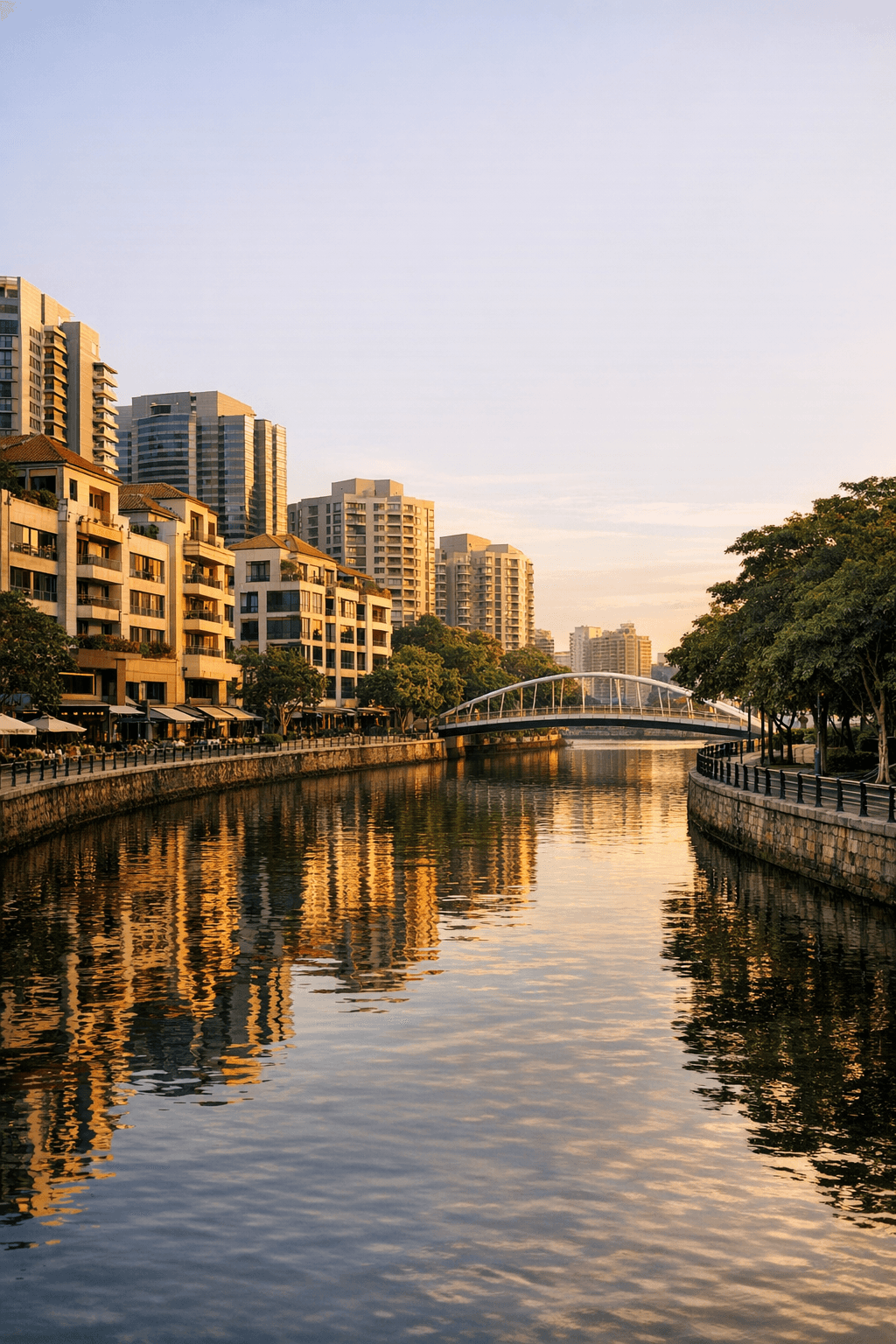 The Singapore River curving past older mid-rise commercial buildings and green riverside trees along River Valley
