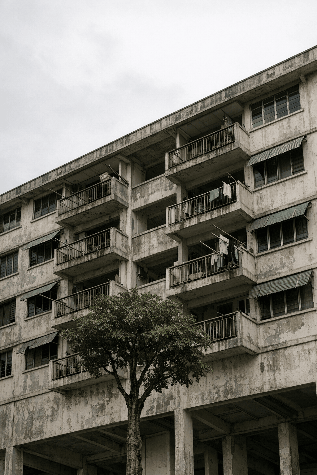 A weathered 1960s-era low-rise HDB block in Singapore seen from below