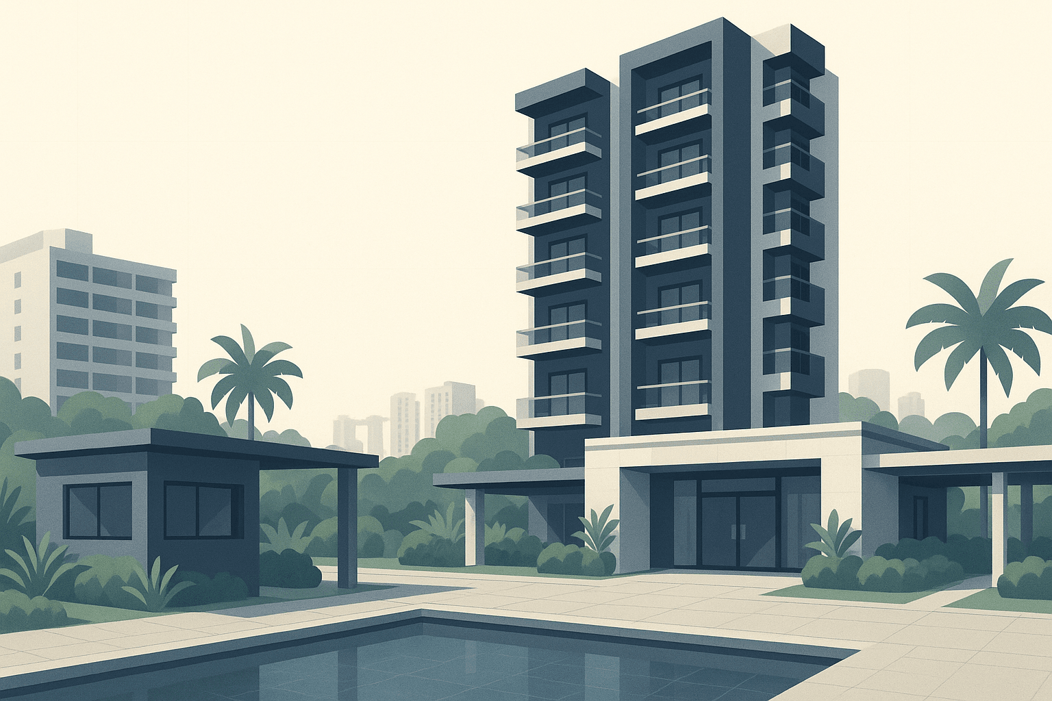 A clean Singapore residential scene centered on a well-kept condominium entrance, poolside common area, security post, and landscaped shared spaces, with condo towers in front and faint HDB blocks in the background.