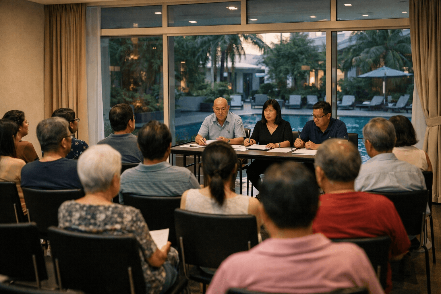 Residents seated at an annual general meeting in the function room of a condominium.