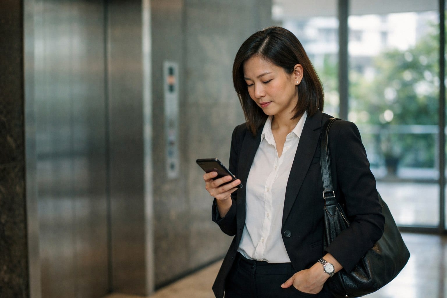 A property agent in Singapore checking their phone in a condominium lift lobby.