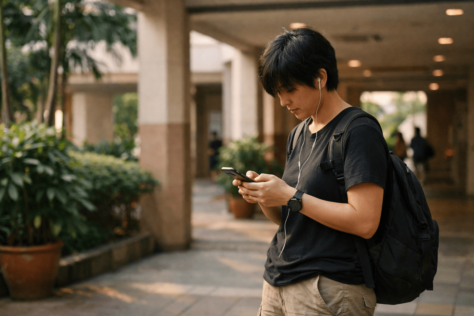 A person messaging on their phone at a Singapore HDB estate, checking a property question on the go.