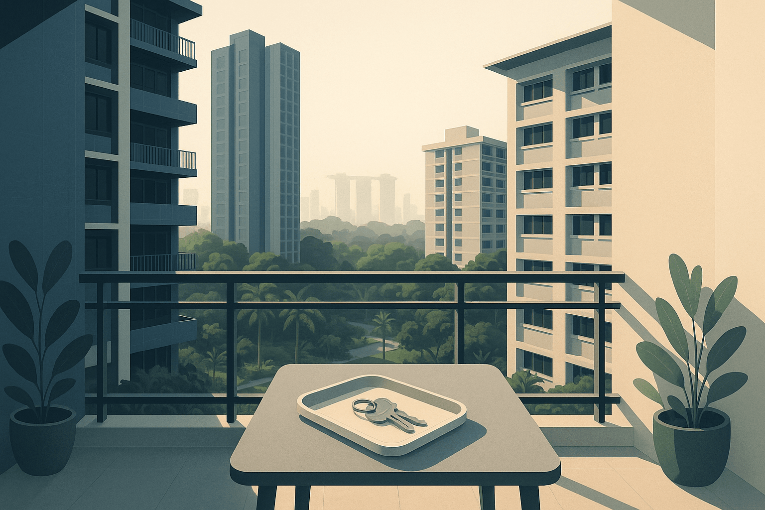 Editorial illustration of a Singapore apartment balcony overlooking condo towers and HDB blocks, with house keys on a small table and soft morning light suggesting a timely home loan review.