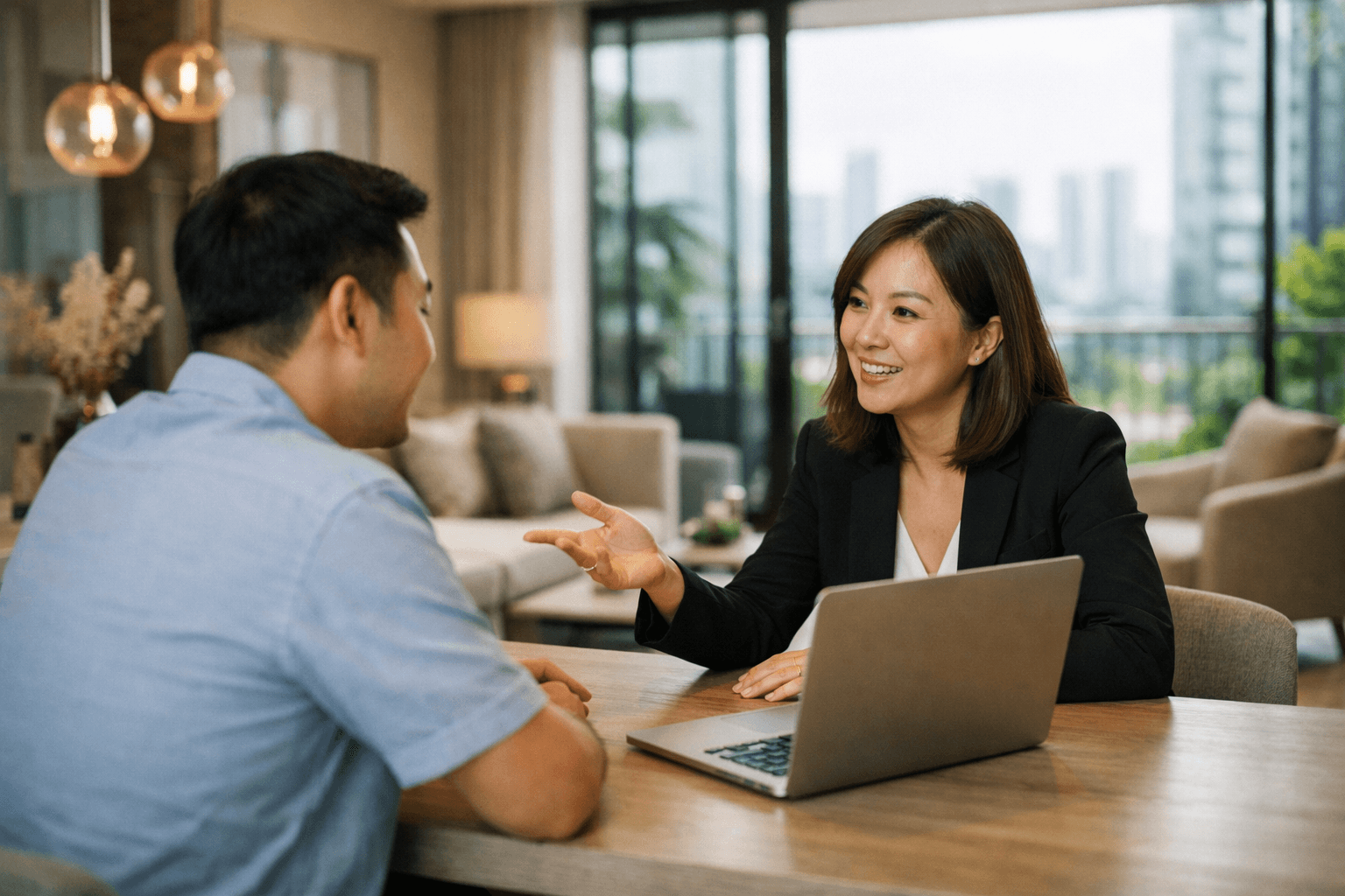 A property agent and a client discussing at a table in a Singapore condominium, a laptop showing data between them.
