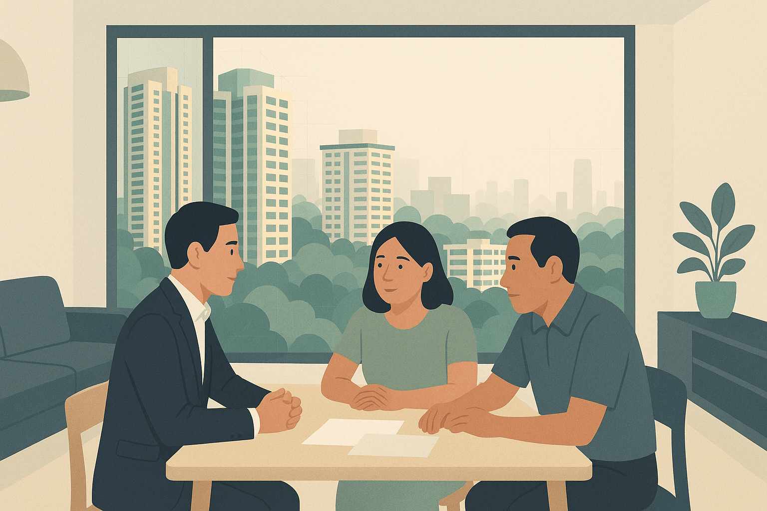 A Singapore property agent calmly meeting two homeowners in a bright apartment, with a window view of HDB blocks, condominium towers, greenery, and a faint city skyline.