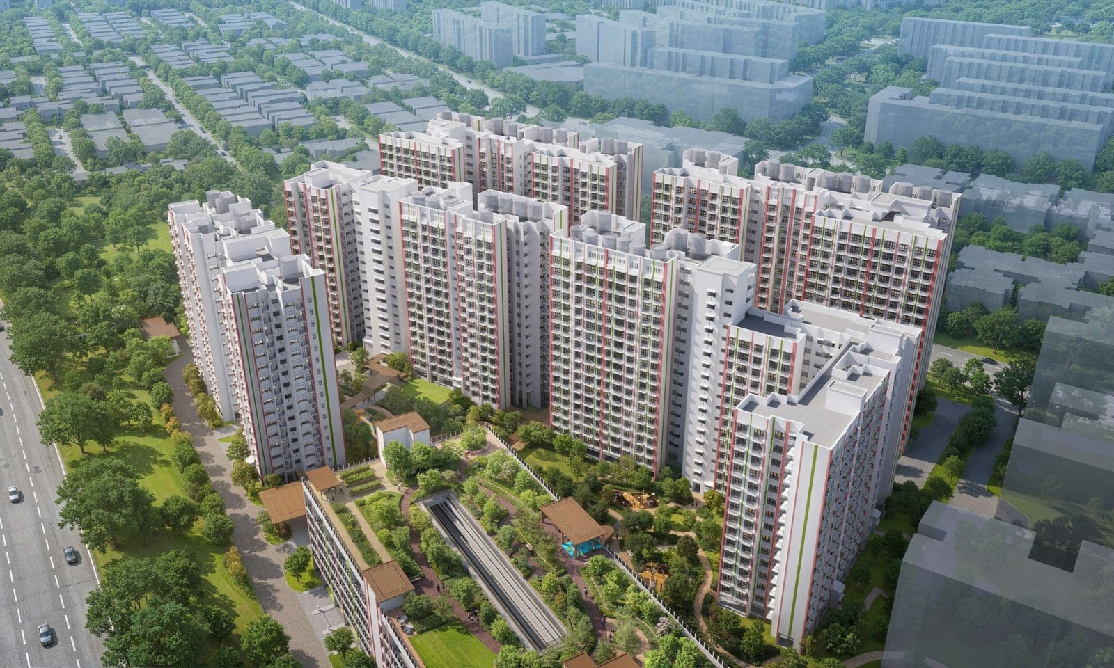 HDB's artist's impression of Woodgrove Acres: an aerial view of the blocks around green courtyards.