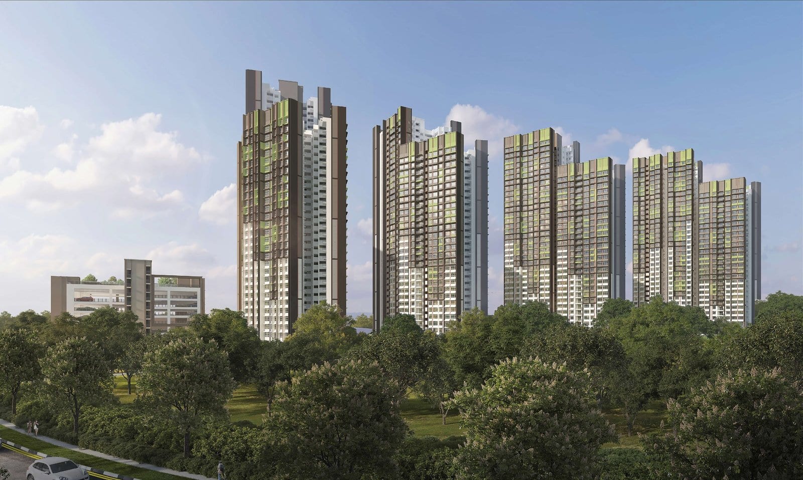 HDB's artist's impression of Woodlands North Verge: blocks rising above a wooded area.