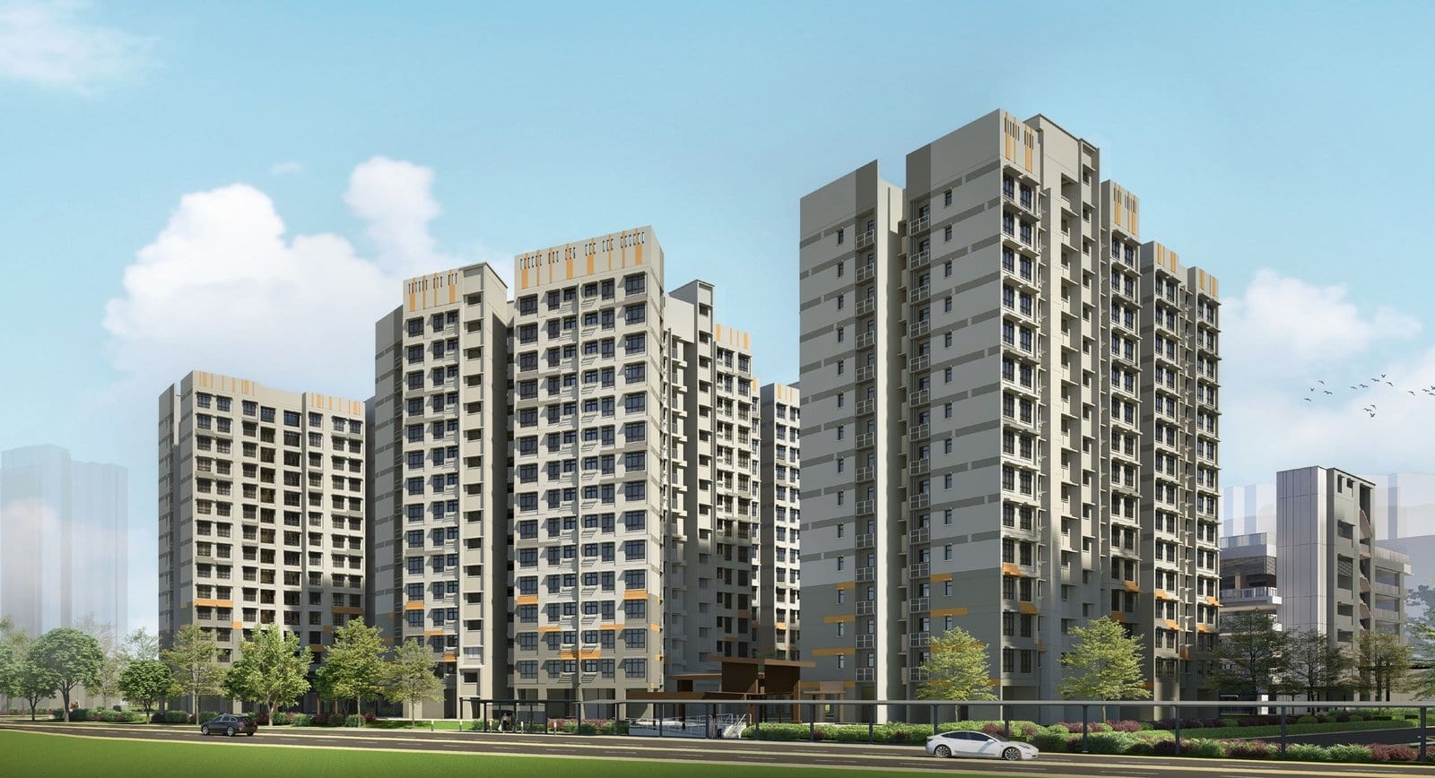 HDB's artist's impression of Yishun Glade: a group of blocks along a road.