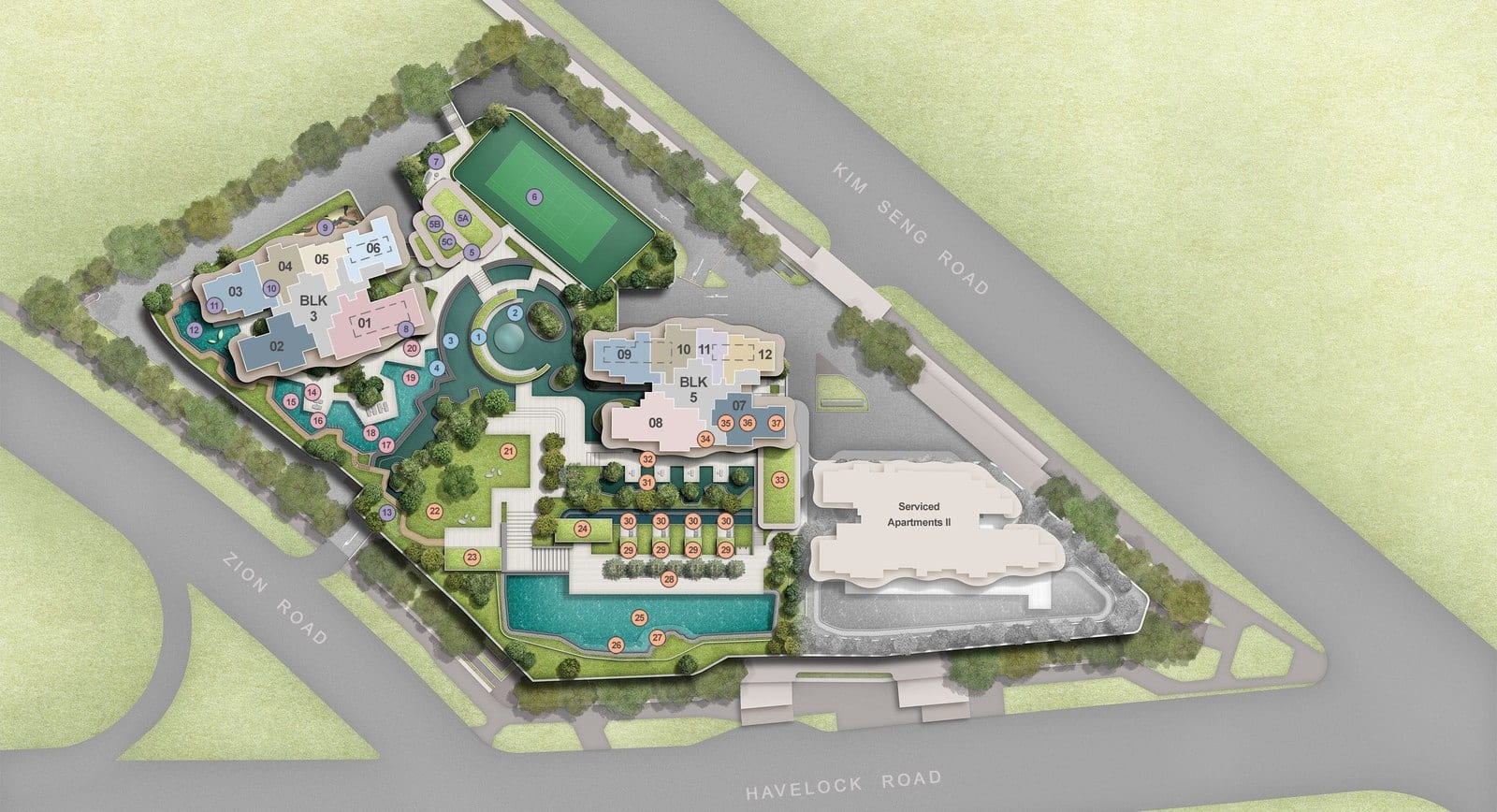 Aerial dusk artist's impression of Zyon Grand's three curved-balcony residential towers lit up above a landscaped pool deck, set within the dense River Valley cityscape of District 3.
